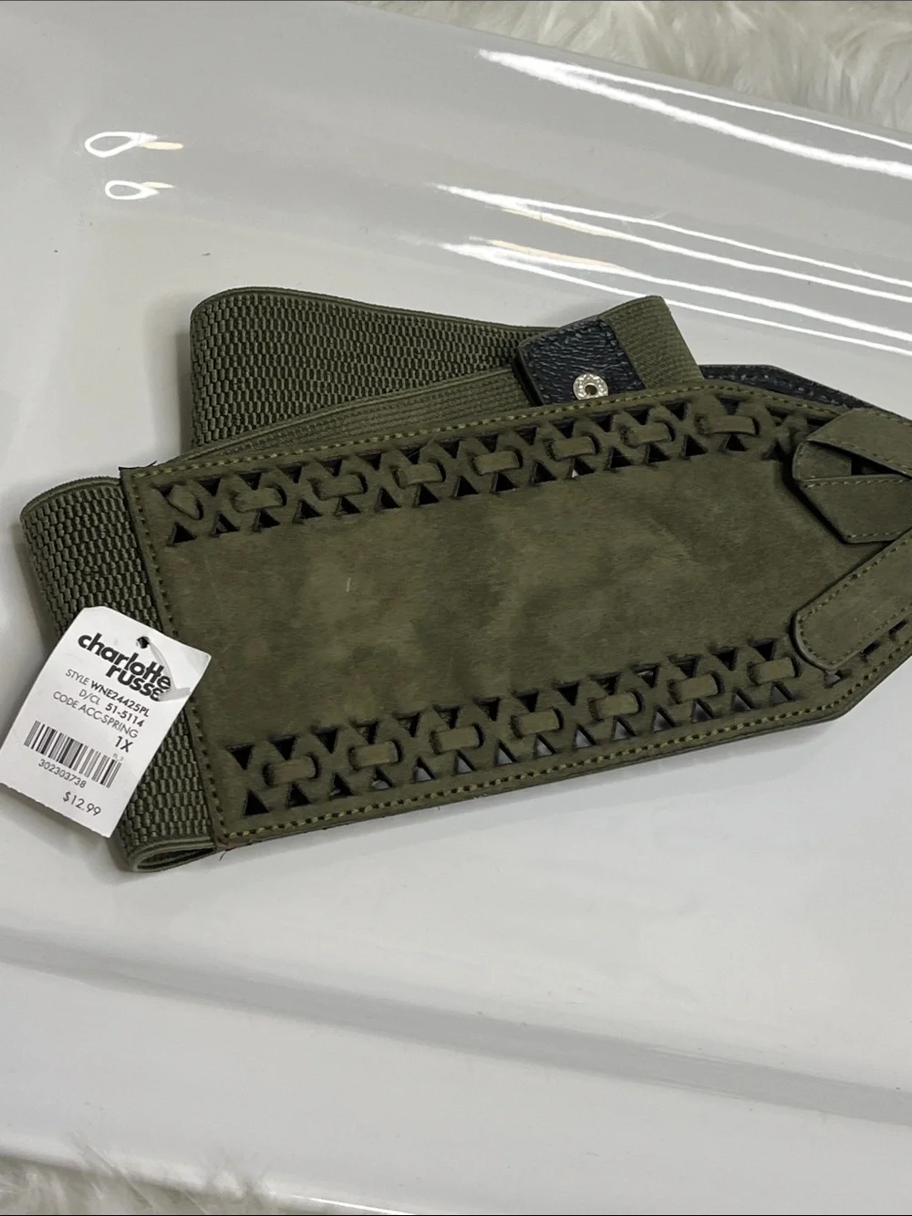 Charlotte Russe NWT Olive Suede Bow Waist Belt with Laser-Cut Trim
